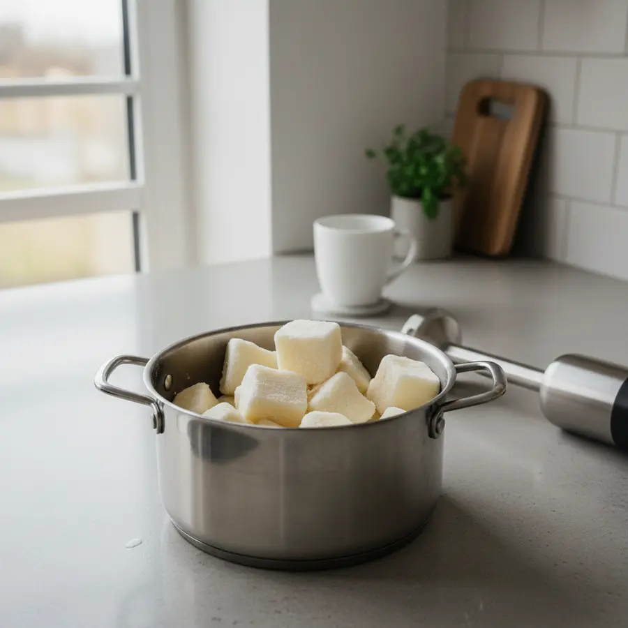 Béchamelsauce einfrieren, gefrorene Saucenwürfel im Topf mit Stabmixer