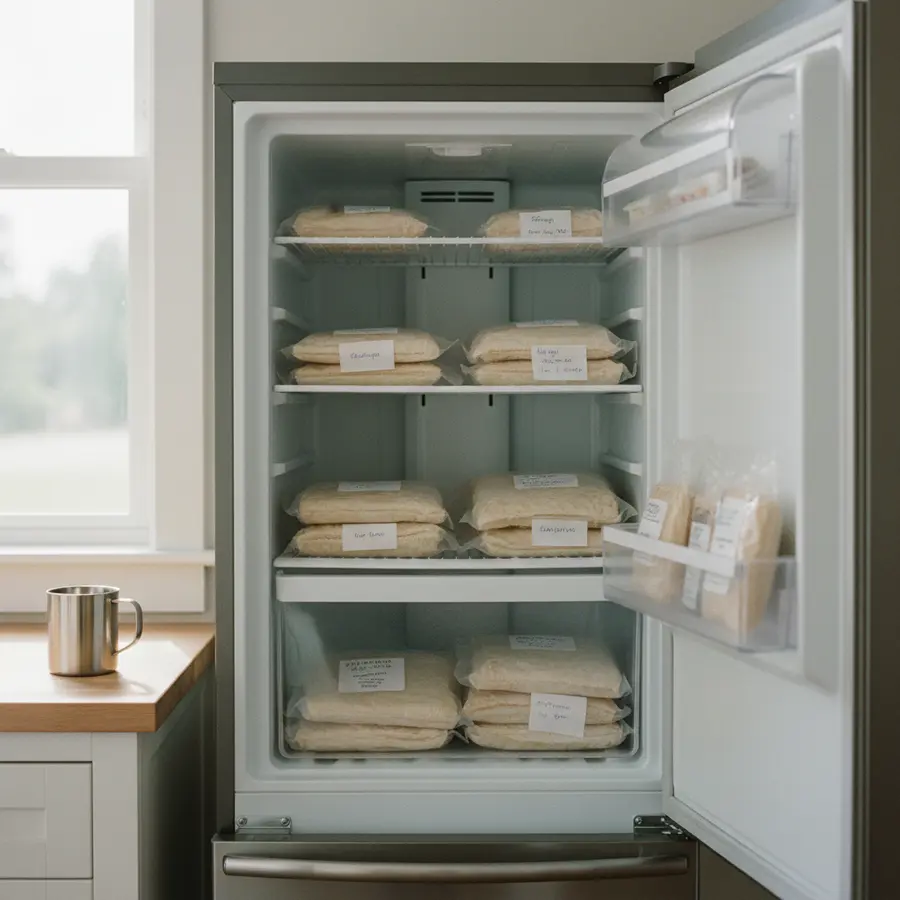Blätterteig einfrieren und auftauen im Kühlschrank mit beschrifteten Portionen
