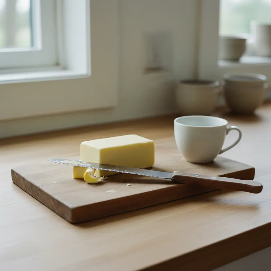 Butter Haltbarkeit: Frische Butter und Brotmesser auf Holzbrett in Küche
