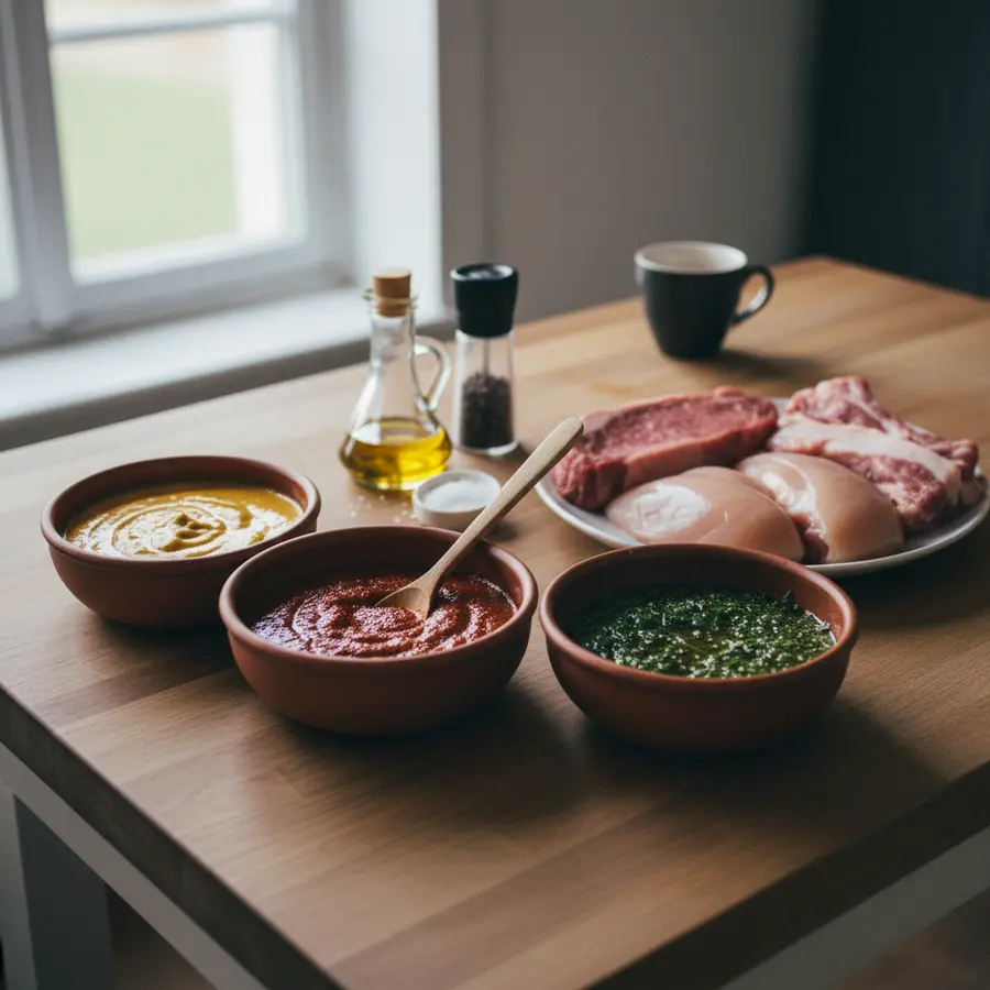 Einfache Marinade für Grillfleisch in bunten Schalen mit rohem Fleisch