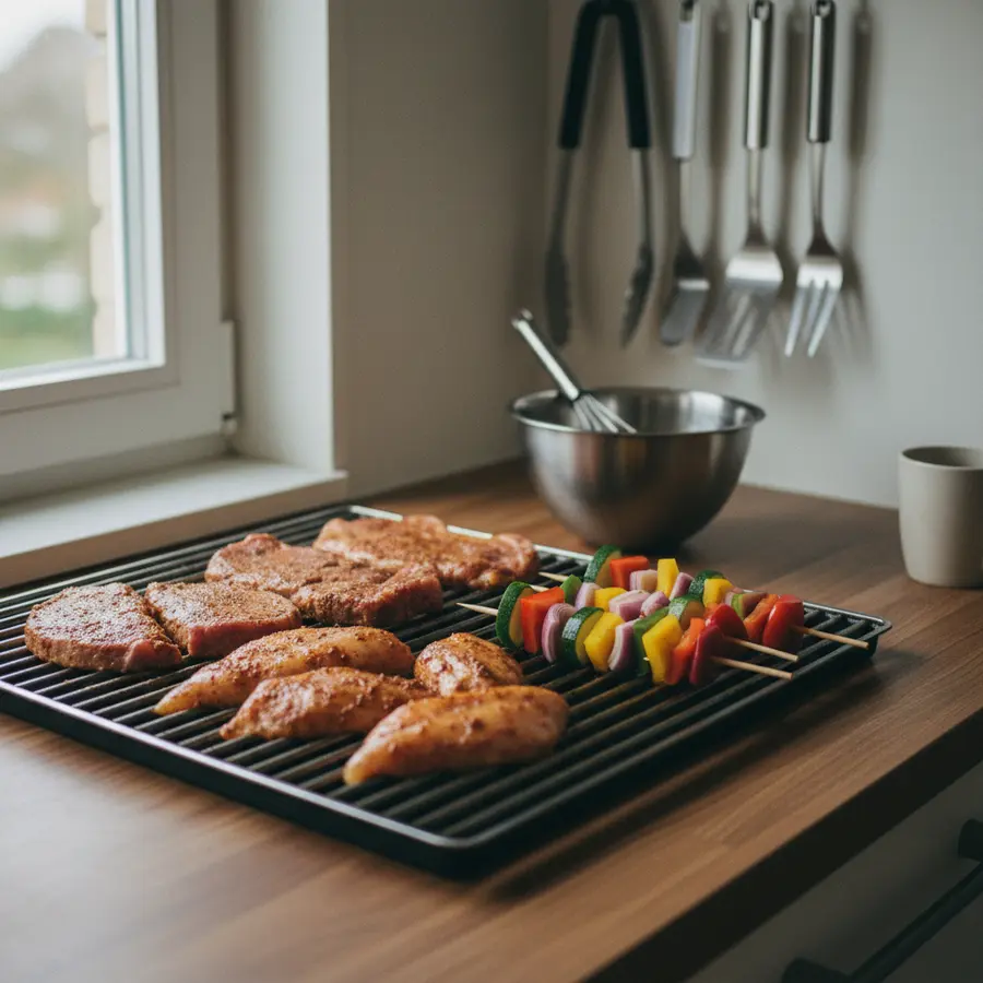 Einfache Marinade für Grillfleisch: Grillrost mit mariniertem Fleisch und Gemüse