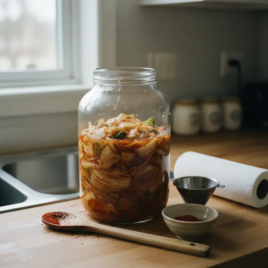 Ein Glas mit fermentierendem Kimchi, einfaches Kimchi Rezept, auf Arbeitsplatte