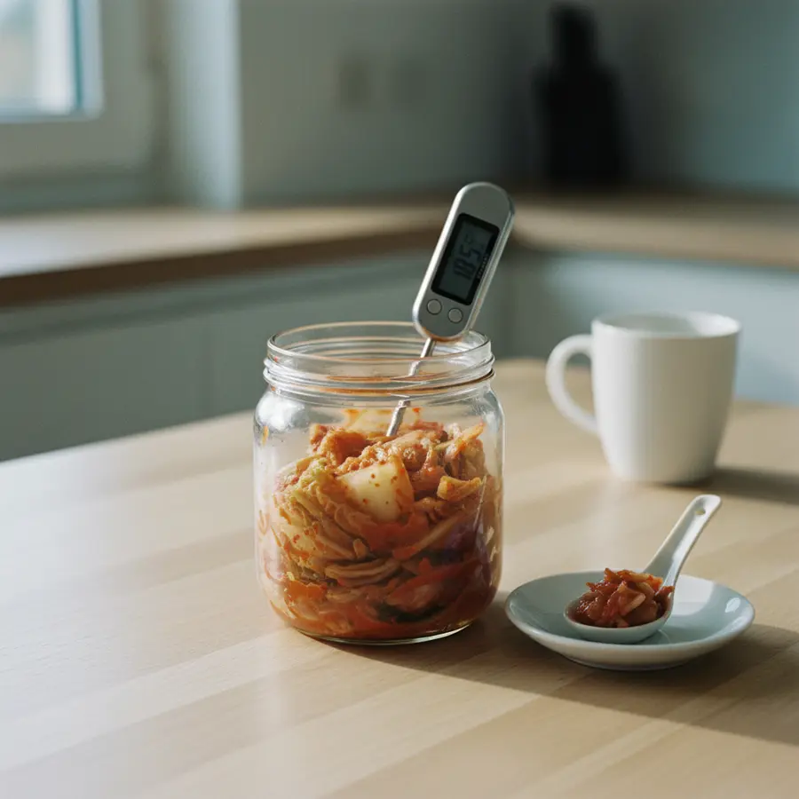 Einfaches Kimchi Rezept: Fermentation im Schraubglas mit Thermometer und Probierlöffel