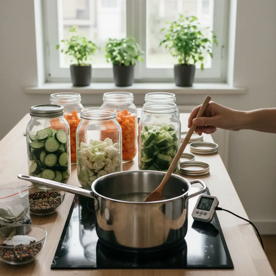 Essigsud herstellen in Küche mit Einmachgläsern und Thermometer
