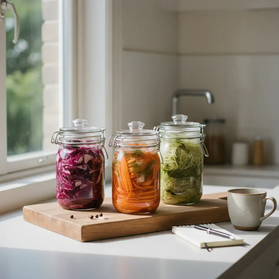 Fermentieren im Schraubglas: versch合わせ Gemüse in Gläsern in Küche