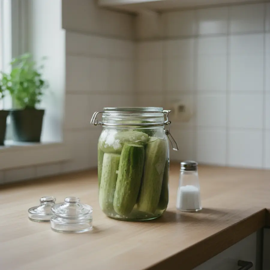 Fermentieren im Schraubglas: halbfermentierte Gurken auf Küchenplatte mit Gewichten