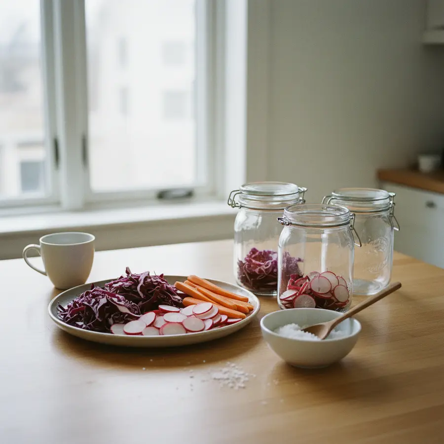 Fermentierte Gemüse auf Küchenarbeitsfläche nach 4 Versuchen selbst gemacht