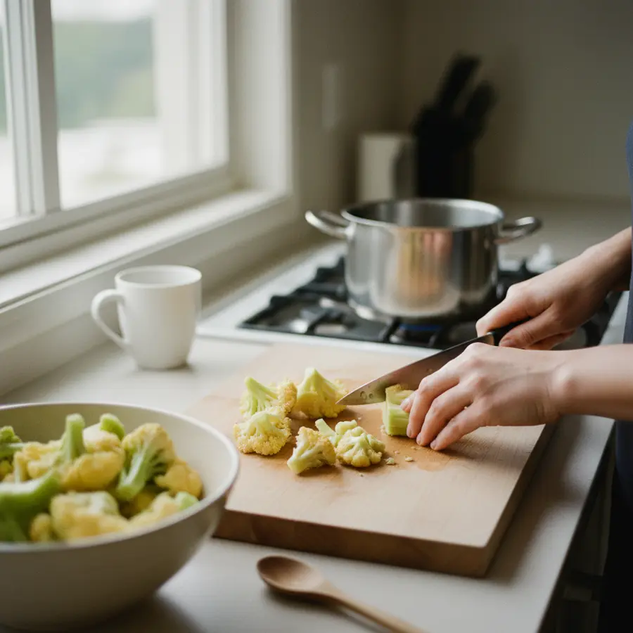 Gelber Brokkoli noch essbar? Vorbereitung für Suppe in Küche