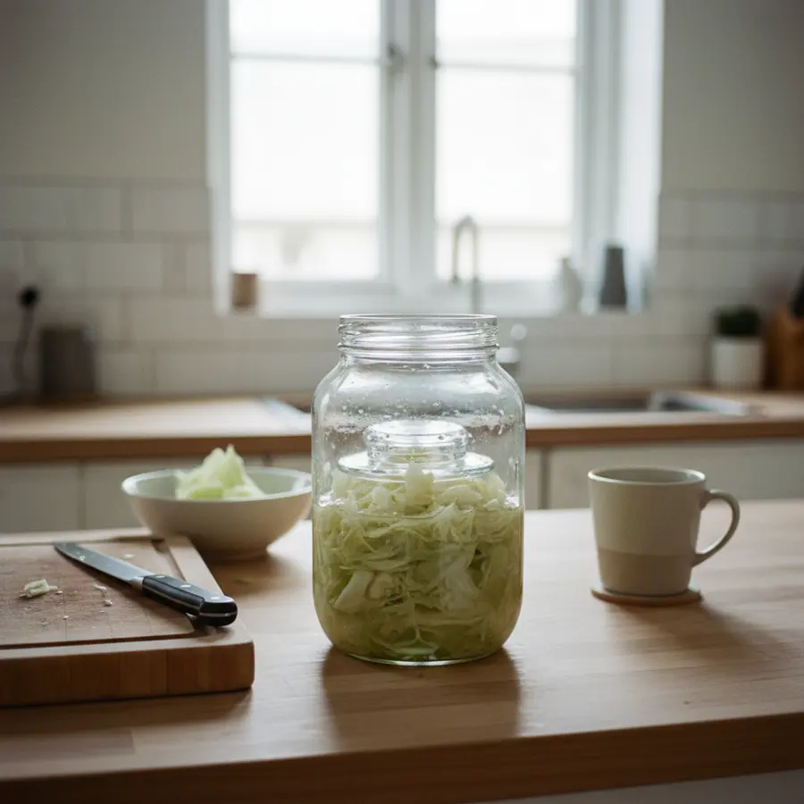 Gemüse fermentieren ohne Spezial-Equipment: Weißkohl im Glas auf der Küchenarbeitsplatte