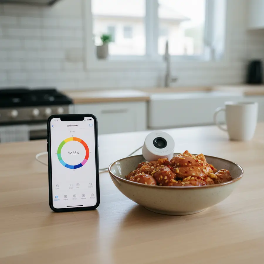 Hähnchen Marinade asiatisch mit Smartphone und Colorimeter-App in Küche