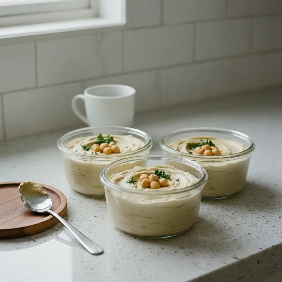 Hummus einfrieren in verschlossenen Vorratsbehältern auf der Küchenarbeitsplatte