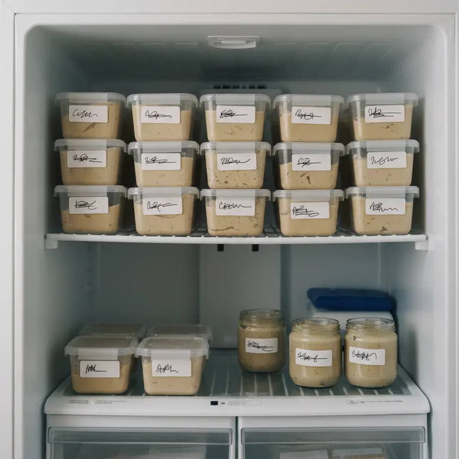 Hummus einfrieren im Gefrierschrank, ordentlich in beschrifteten Behältern