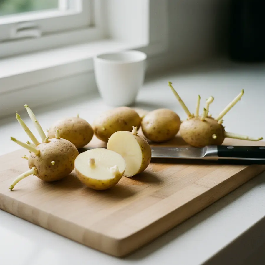 Keimende Kartoffeln noch essbar? Kartoffeln mit Keimen und Messer auf Brett