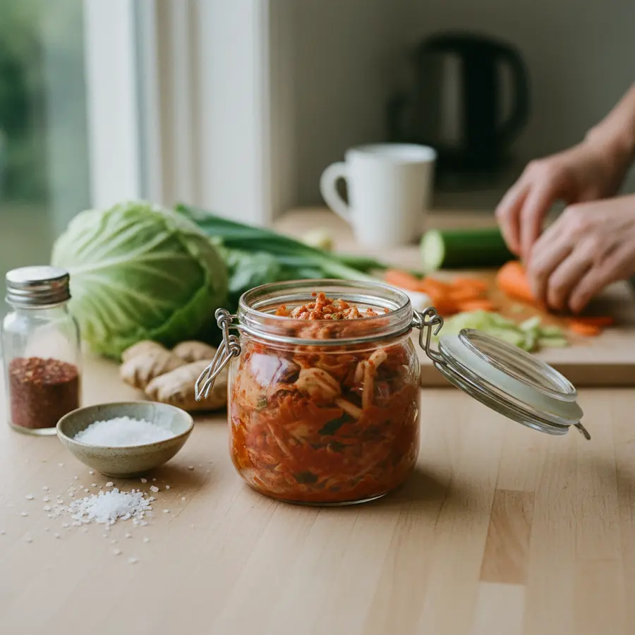 Kimchi selber machen: Offenes Glas mit Kimchi auf Küchenarbeitsplatte