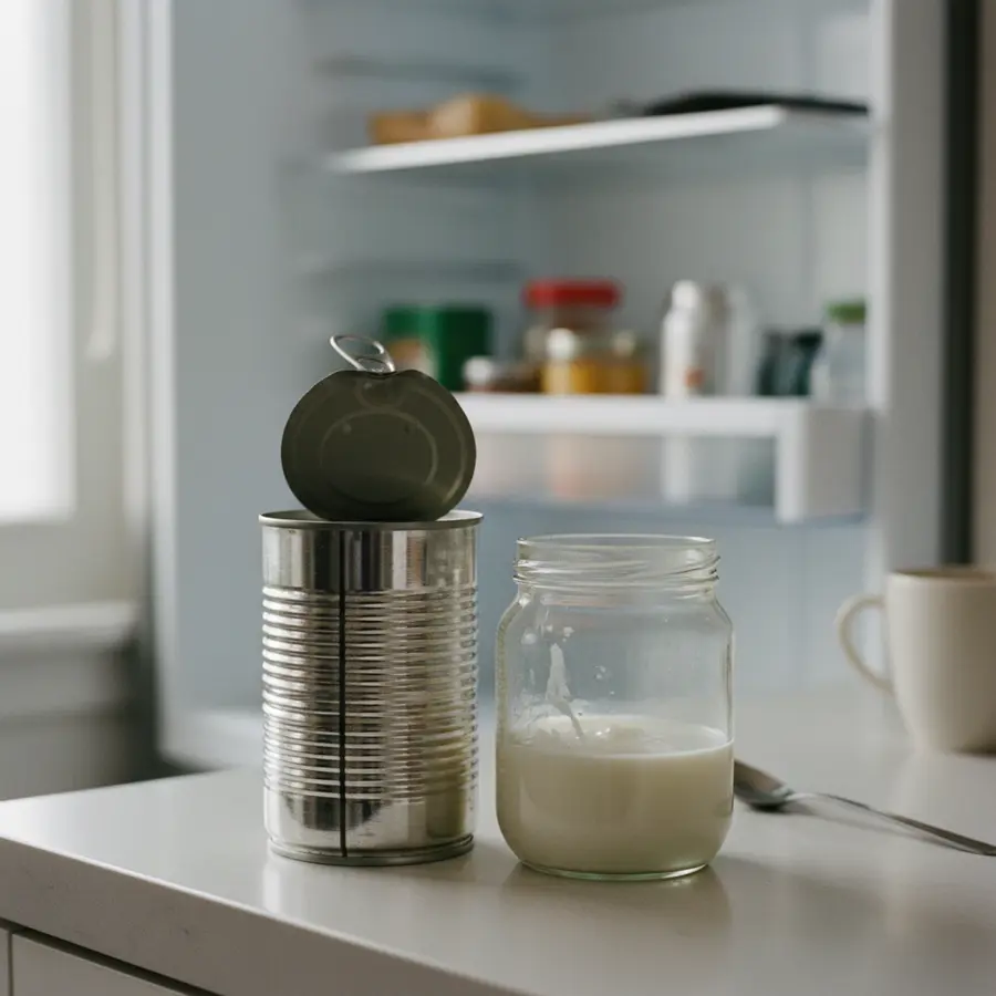 Kokosmilch schlecht werden? Nahaufnahme geöffneter Kokosmilchdose und Glas