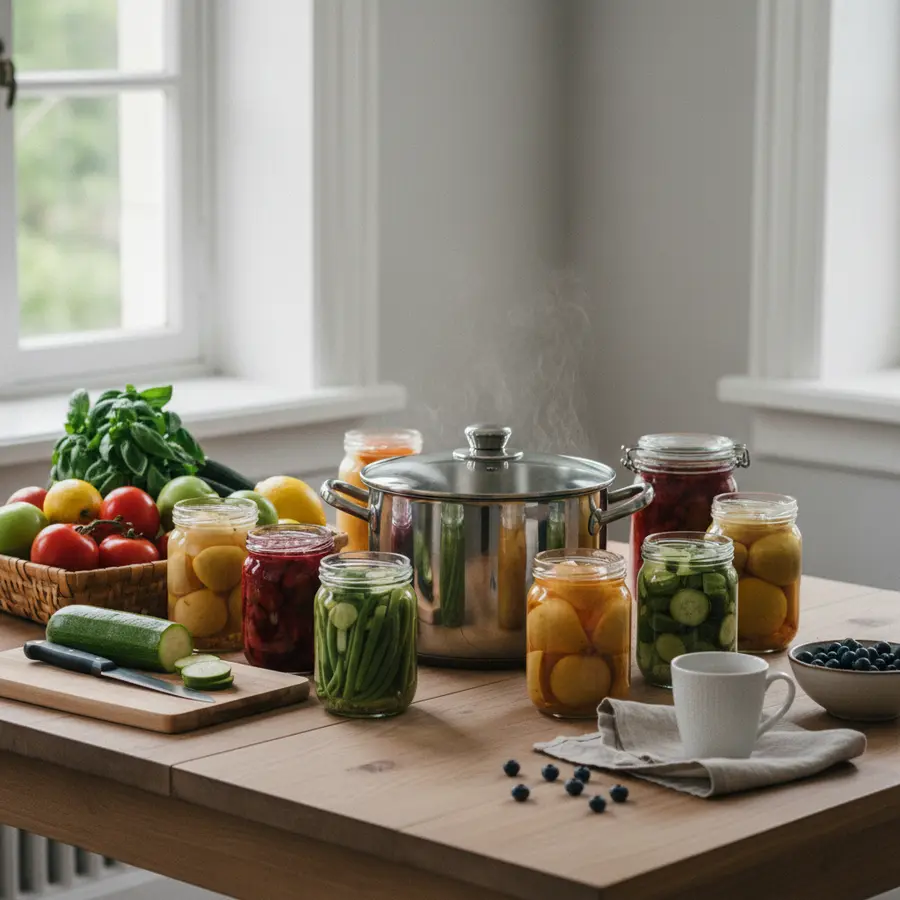Lebensmittel haltbar machen: Obst, Gemüse und Einmachgläser auf sauberem Küchentisch