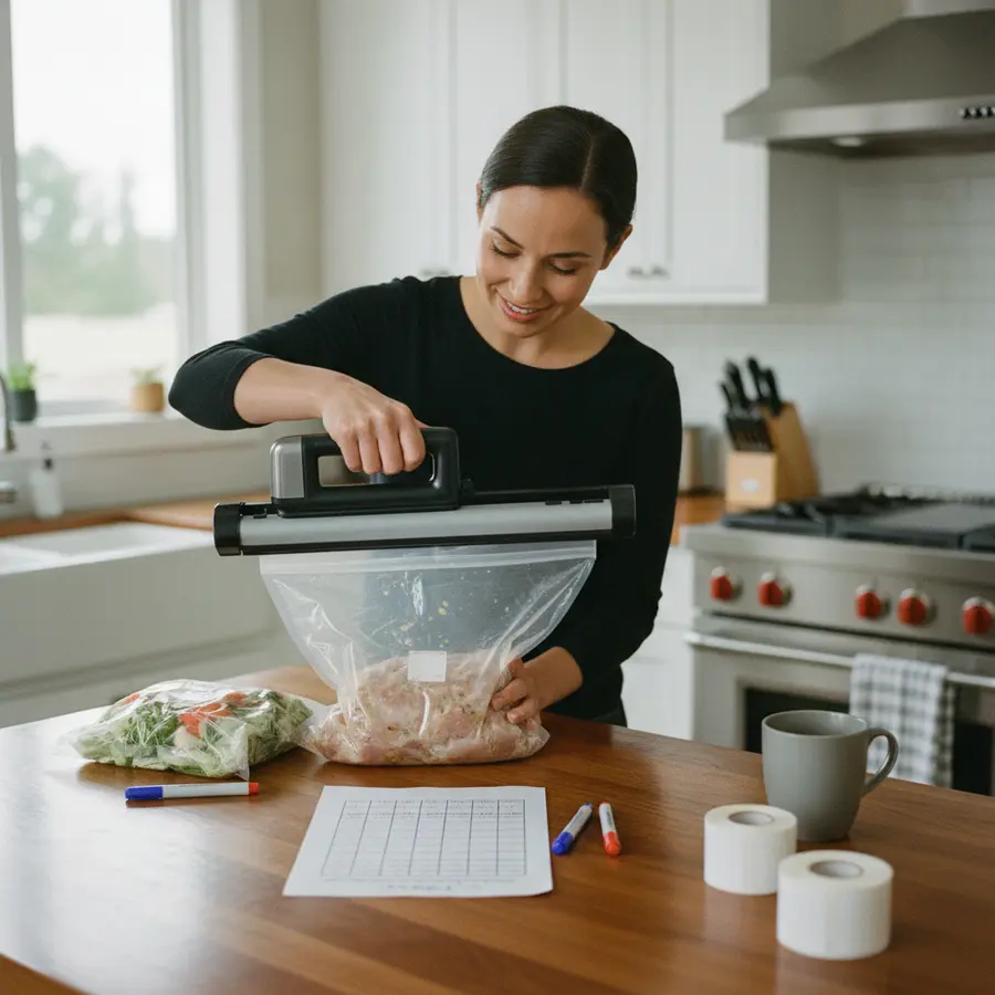 Lebensmittel vakuumieren in der Küche, Person beschriftet Haltbarkeitstabelle.