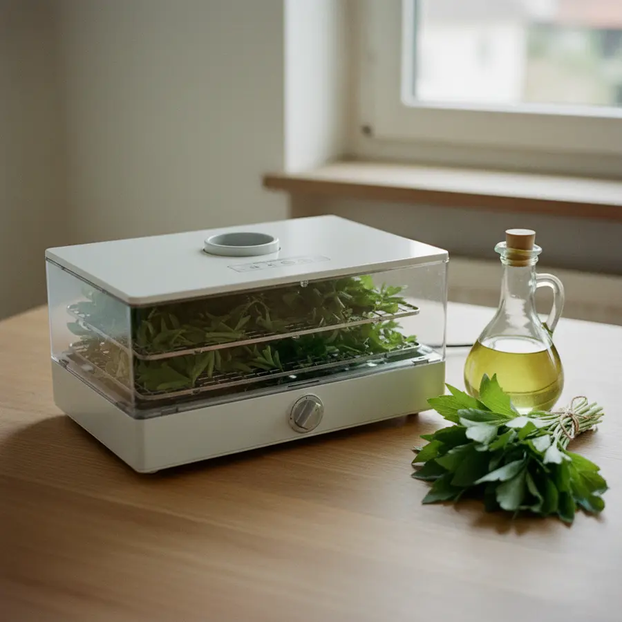 Liebstöckel haltbar machen: Warum ich ihn lieber einfriere als trockne - Photo Liebstöckel haltbar machen: Kräuterdörrgerät, frischer Liebstöckel und Öl auf Tisch