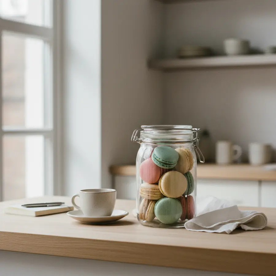 Macarons Haltbarkeit & Aufbewahren: Verschlossene Dose mit bunten Macarons auf Tisch