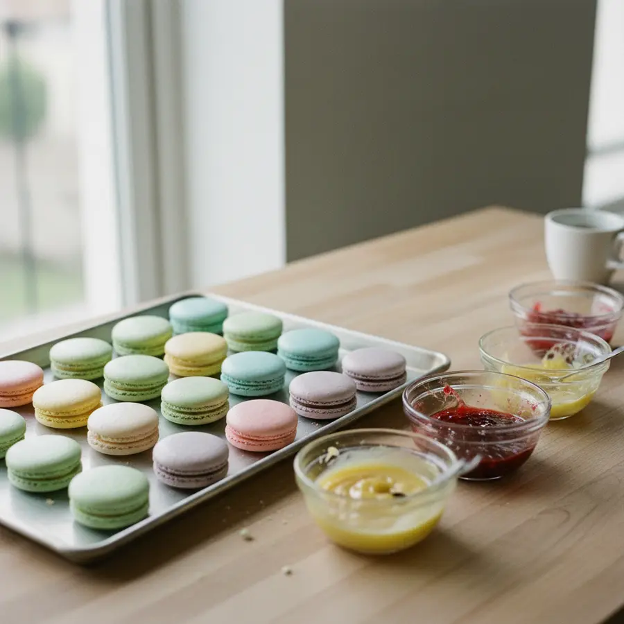 Macarons Haltbarkeit und Aufbewahren: Bunte Macarons auf Metalltablett mit Füllungen