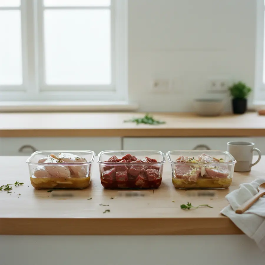 Marinade für Fleisch und die Einziehzeit: Meine Beobachtung nach 2 und 12 Stunden - Photo Marinade für Fleisch und die Einziehzeit: Fleischstücke in Glasbehältern