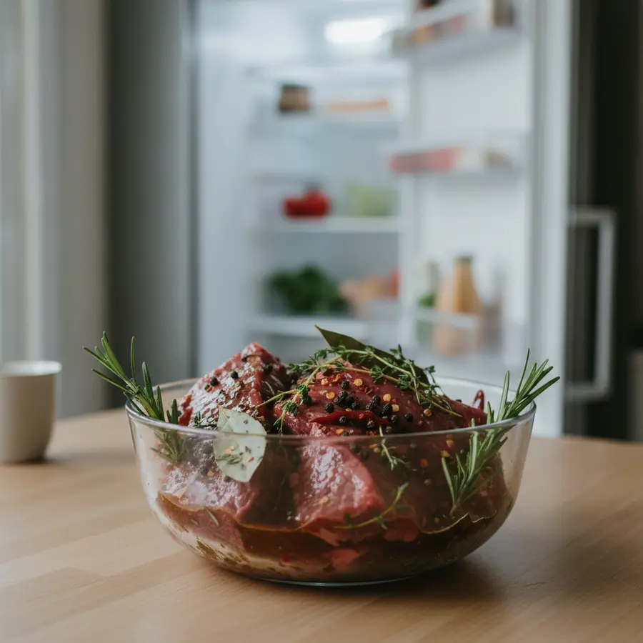 Marinade für Fleisch und die Einziehzeit: Meine Beobachtung nach 2 und 12 Stunden - Photo Marinade für Fleisch und die Einziehzeit, rohes Fleisch mit Kräutern in Schale