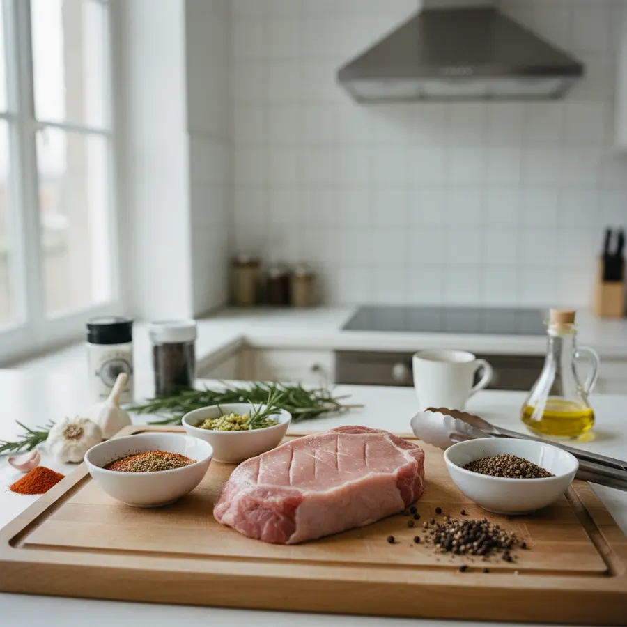 Marinade für Schweinesteak mit frischen Zutaten und Steak auf Schneidebrett