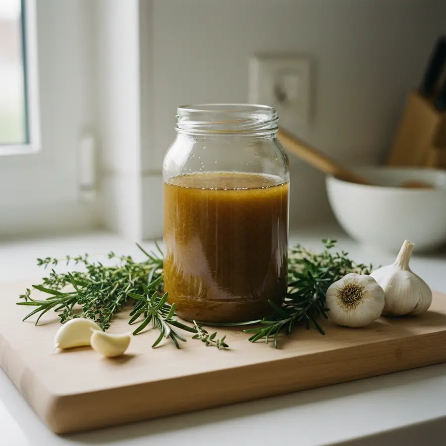 Marinaden selber machen ohne Fertigprodukte mit Kräutern und Knoblauch auf Brett