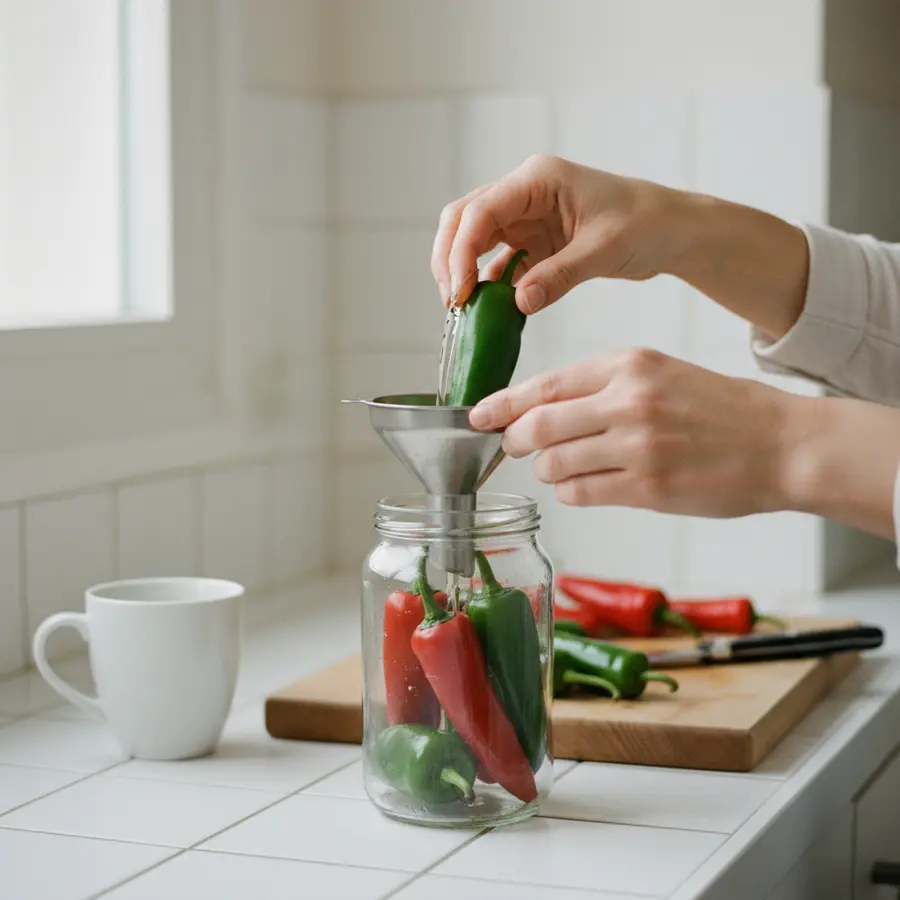 Peperonis haltbar machen: Hände beim Einlegen von Peperoni in Glas mit Essig
