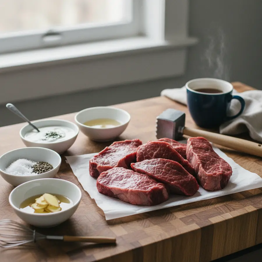 Rindfleisch marinieren zart bekommen: Meine Erfahrung mit 3 einfachen Hausmitteln - Photo Rindfleisch marinieren zart bekommen: rohe Fleischstücke mit Hausmitteln auf Holzuntergrund