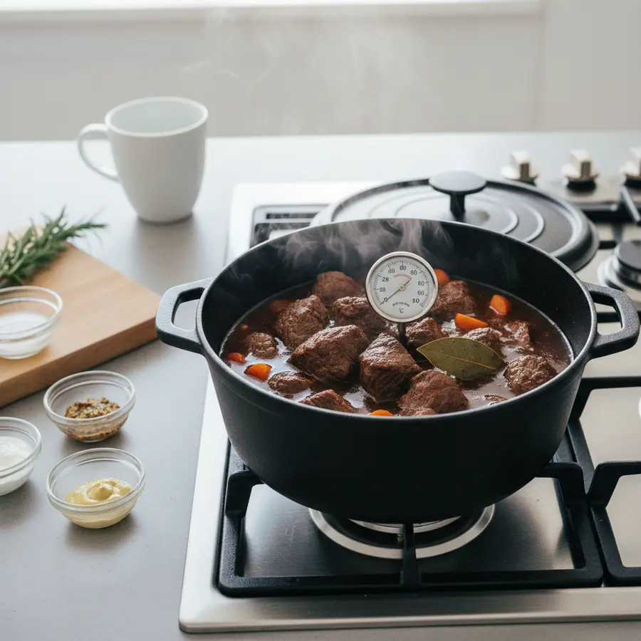 Rindfleisch marinieren zart bekommen: Meine Erfahrung mit 3 einfachen Hausmitteln - Photo Rindfleisch marinieren zart bekommen: Rindergulasch im Gusseisentopf schmoren, Thermometer sichtbar