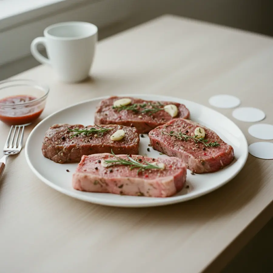 Rumpsteak marinieren: Nahaufnahme eines marinierten Rumpsteaks auf weißem Teller