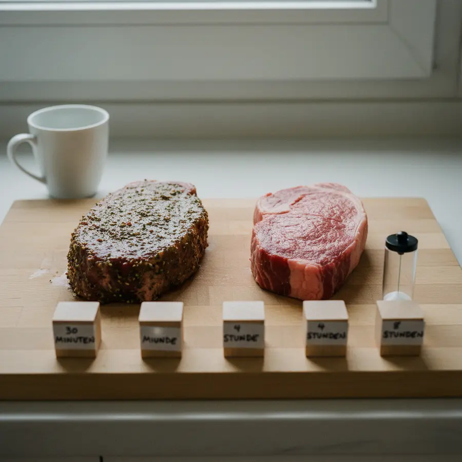 Rumpsteak marinieren: Zwei rohe Rumpsteaks auf Holzbrett, marinierte und naturbelassene.