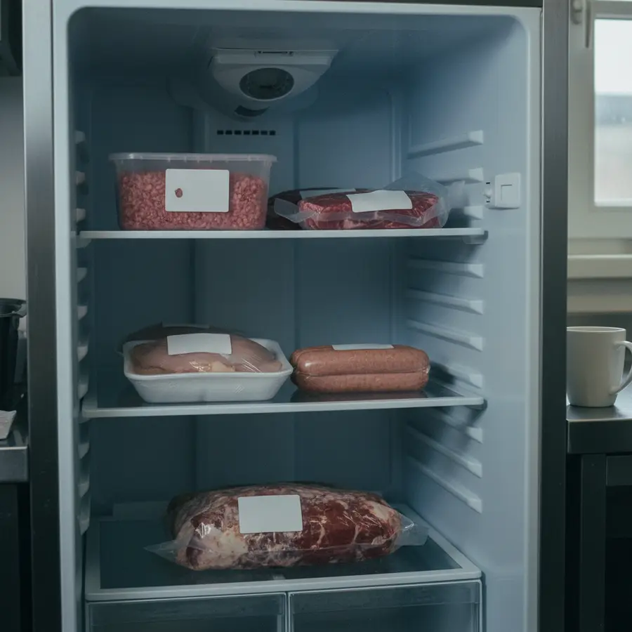 Schlechtes Hackfleisch? Kühlschrank mit Fleischprodukten für den 3-Sekunden-Test