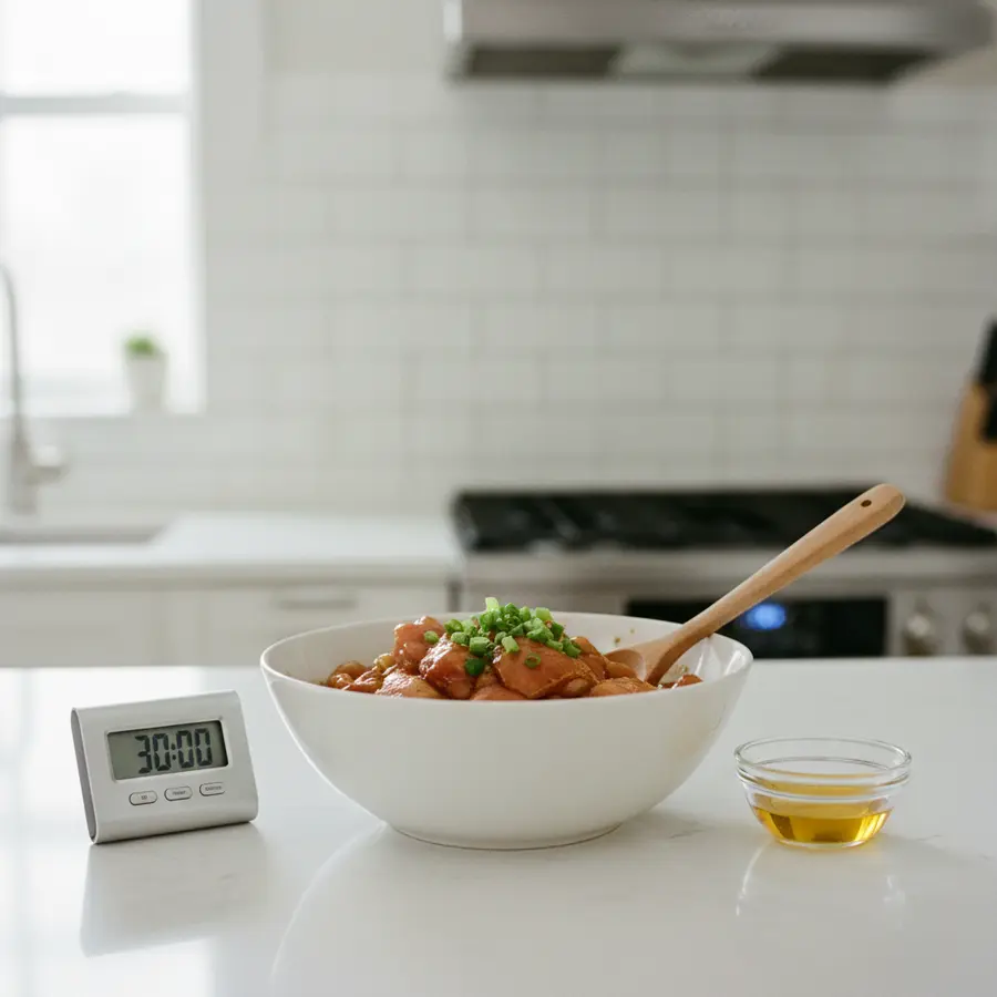 Sojasauce Marinade Hähnchen auf moderner Küchenoberfläche mit Wecker