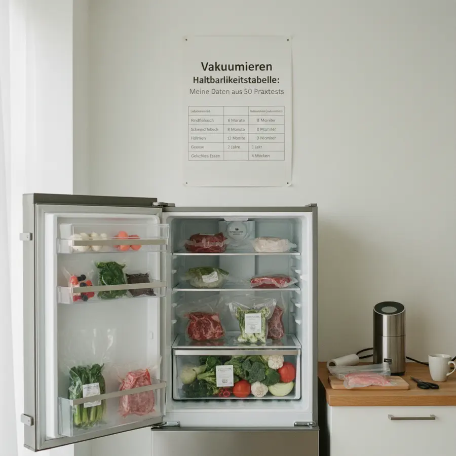 Vakuumieren Haltbarkeitstabelle: Kühlschrank mit gestapelten vakuumierten Lebensmitteln