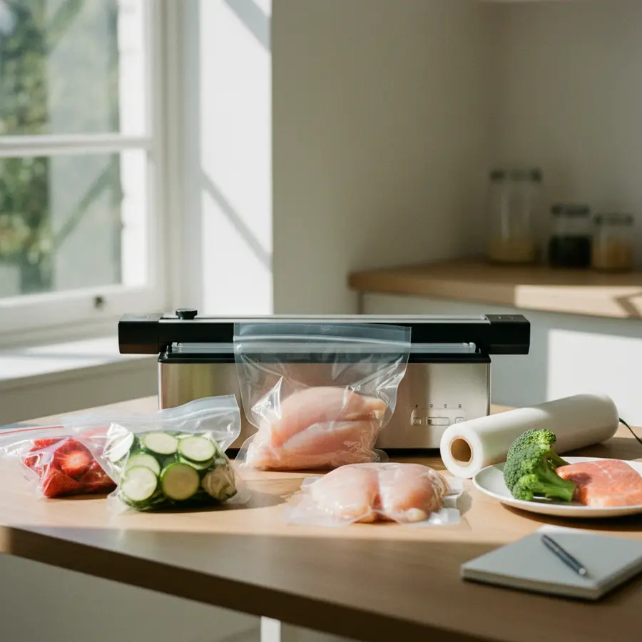 Vakuumieren Haltbarkeitstabelle auf Küchentisch mit frischem Gemüse und Fleisch