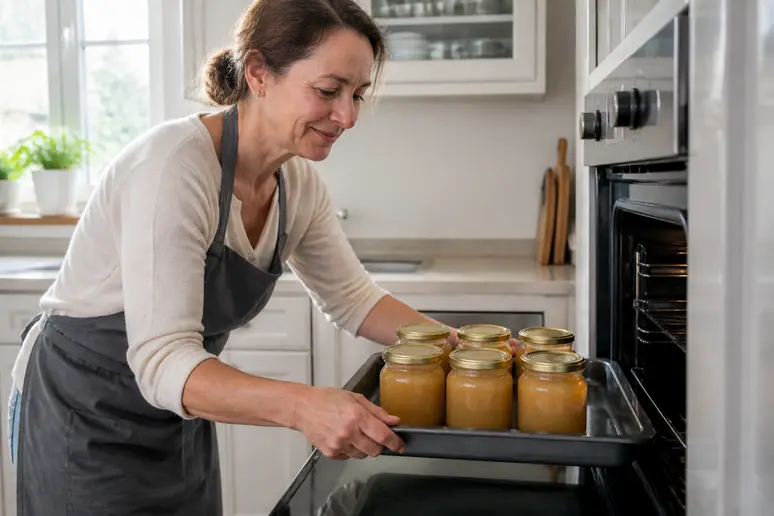 Deutsche Frau platziert sorgfältig Gläser mit Apfelmus in einem mit Wasser gefüllten Backblech für den Ofen.