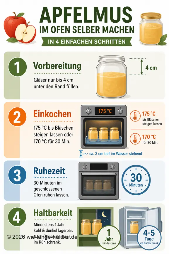 Infographie expliquant les étapes pour faire de la compote de pommes au four, avec températures et durées de conservation.