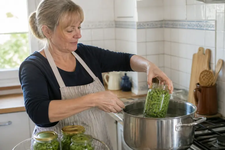 Eine Frau mittleren Alters sterilisert grüne Bohnen in Gläsern im Wasserbad auf dem Herd, ein traditioneller Konservierungsprozess in einer hellen Küche.