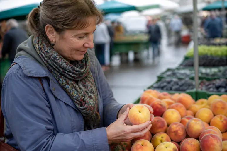 Eine ältere deutsche Frau wählt sorgfältig reife, gelbfleischige Pfirsiche auf einem Markt aus, ihre Hände untersuchen eine Frucht.