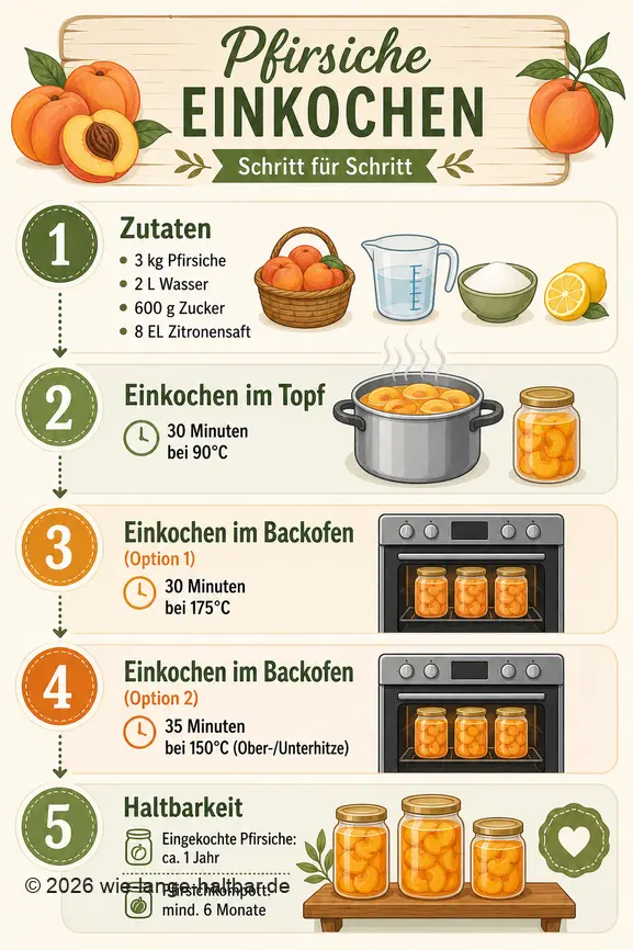 Infografik zur Anleitung von eingekochten Pfirsichen mit Zutaten, Kochzeiten und Haltbarkeit.