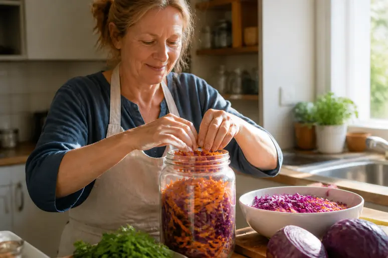 Eine Frau bereitet mit Sorgfalt Karotten und Rotkohl in einem Glas für die Fermentation vor. Sonnenlicht erhellt die bunte Küche.