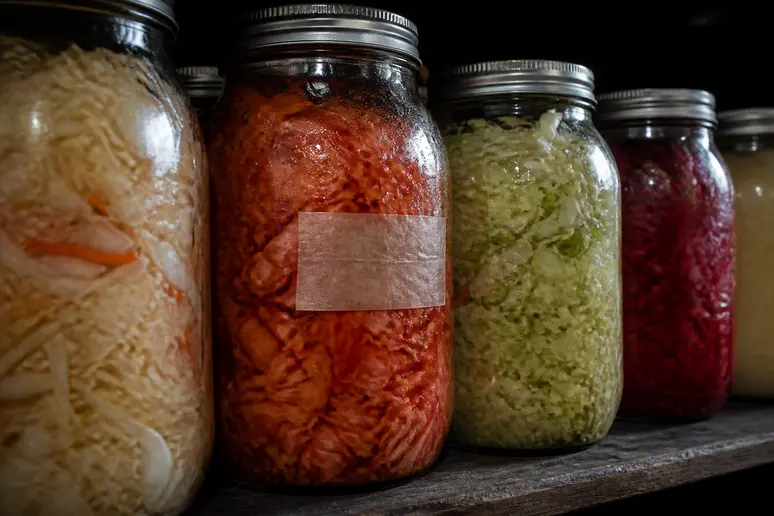 Verschiedene Gläser mit fermentiertem Gemüse stehen ordentlich im kühlen Kellerregal, bereit zur längeren Lagerung und Reifung.
