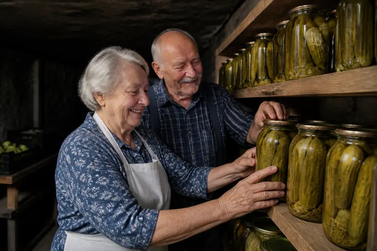 Ein älteres deutsches Paar sortiert sorgfältig Gläser mit eingekochten Gurken in einem kühlen, dunklen Kellerregal.