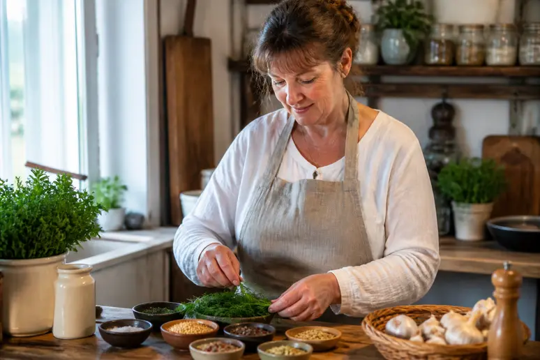 Eine Deutsche Frau wählt sorgfältig frische Kräuter und Gewürze für eingelegte Gurken auf einem Holztisch aus, mit viel natürlichem Licht.
