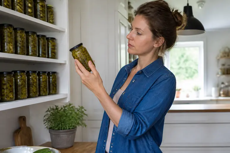 Eine Frau prüft in einer Küche ein Glas eingelegter Jalapenos auf Haltbarkeit und Zustand, um Lebensmittelverschwendung zu vermeiden.