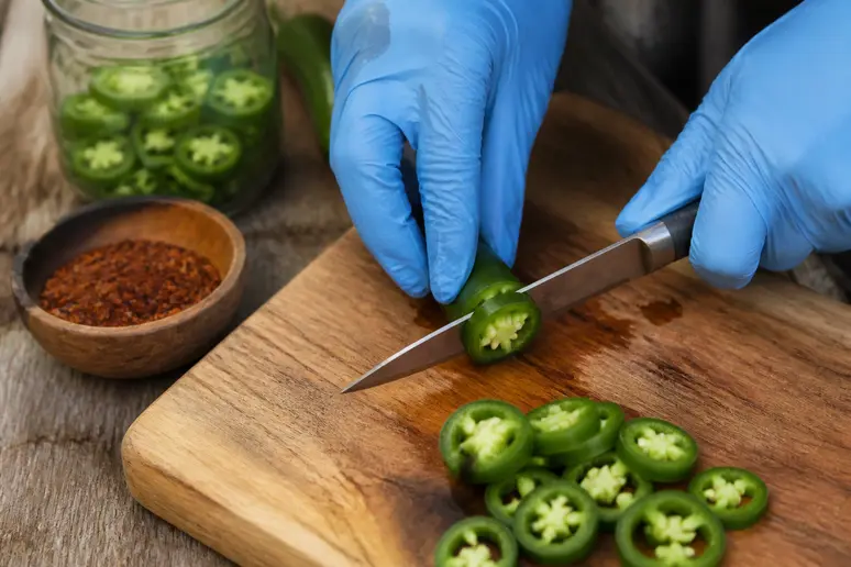 Beim Einlegen von Jalapenos ist das Tragen von Handschuhen essenziell, um Hautreizungen durch das enthaltene Capsaicin zu vermeiden.