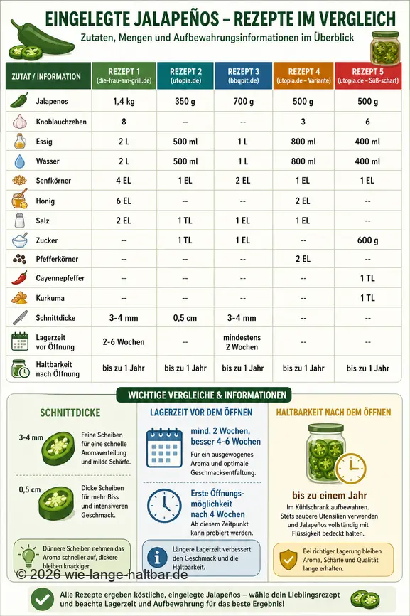 Vergleich verschiedener Rezepte für eingelegte Jalapeños, Zutaten, Mengen, Schnittdicke und Lagerzeiten.