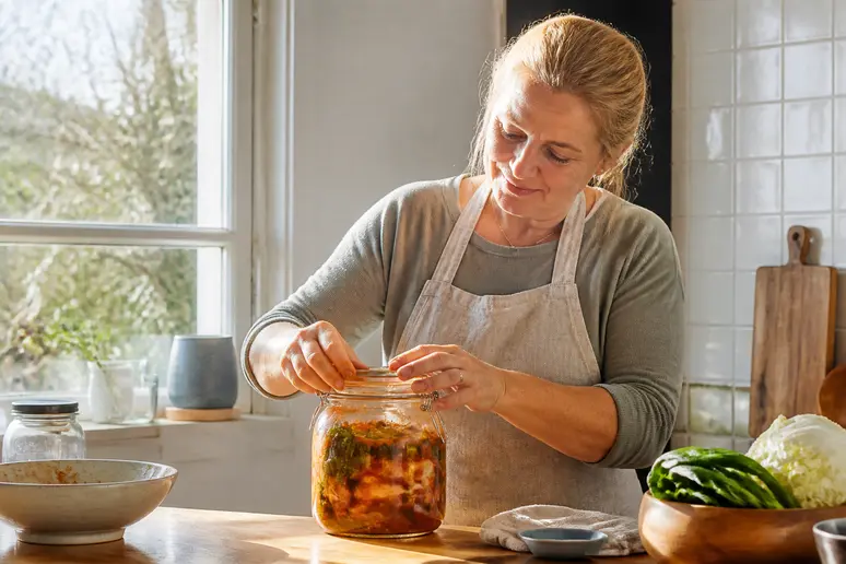 Frau verschließt sorgfältig ein Glas mit selbstgemachtem veganem Kimchi für die Fermentation in ihrer hellen Küche.